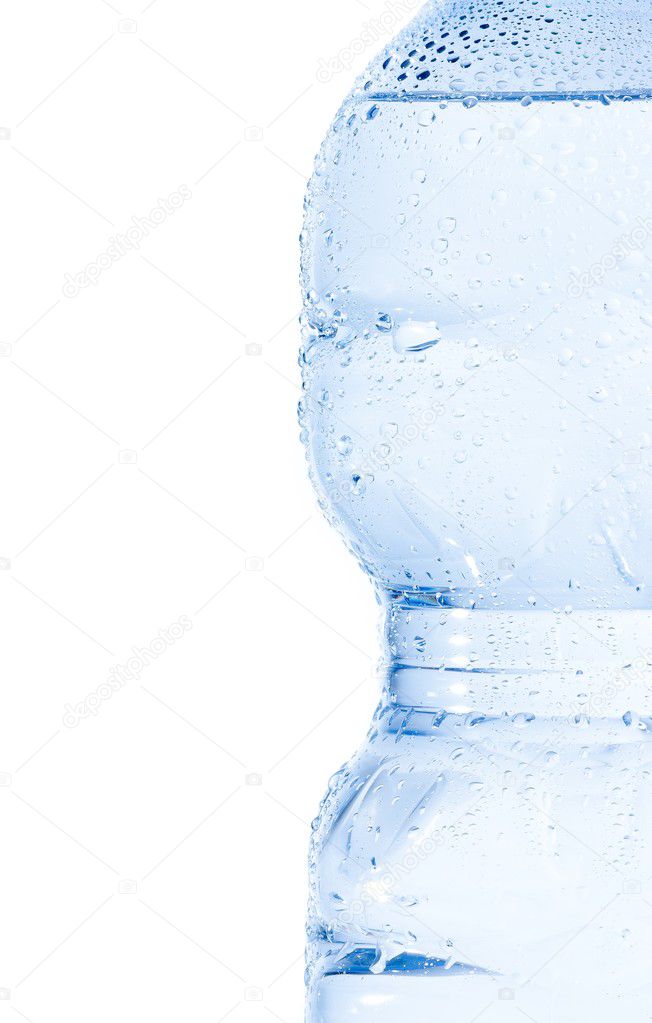 half plastic bottle with water and drops, concept of nutrition and diet