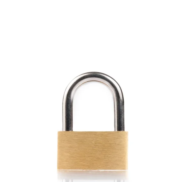 Metal padlock with reflection on white table — Stock Photo, Image