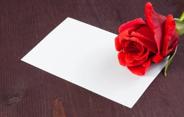 Red rose and blank gift card for text on old wood background — Stock Photo, Image