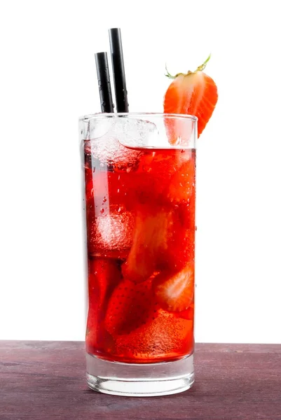 Strawberry cocktail with ice on old wood table — Stock Photo, Image