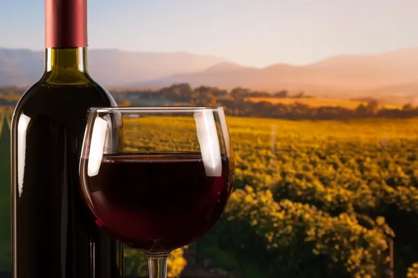 Glass with red wine and bottle — Stock Photo, Image