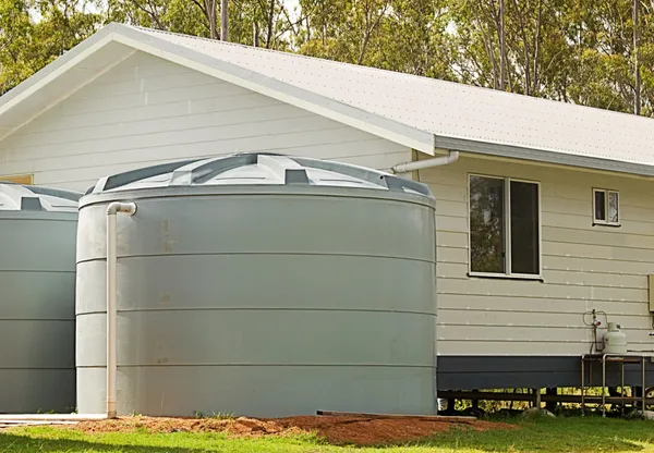 Réservoirs de conservation des eaux de pluie sur une nouvelle maison — Photo