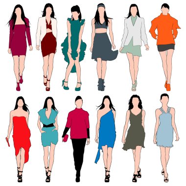 set 12 moda modelleri siluetleri vektör
