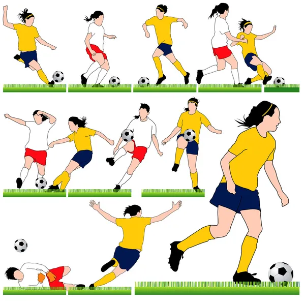 12 Female Soccer Silhouettes Set — Stock Vector