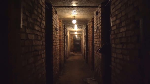 Walking through a gloomy long basement with lanterns tunnel closing doors brick walls inspiring despair and horror — Stockvideo