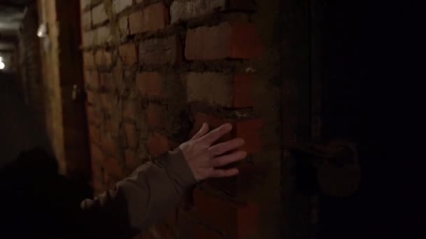 De meisjes hand loopt haar vingers langs een bakstenen muur in een griezelige kelder een verschrikkelijk hopeloze plek — Stockvideo