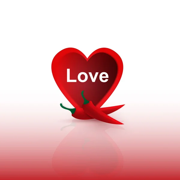 Zwei rote Chilischoten neben dem Herzen. das heiße Symbol der Liebe — Stockvektor