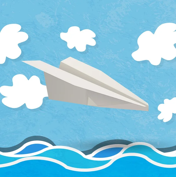 Vector paper aircraft landing over water — Stock Vector