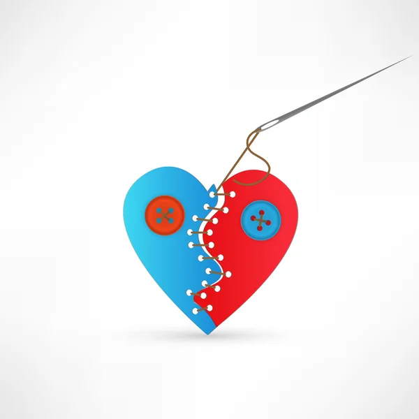 Coeur cousu textile rouge avec boutons et étiquette — Image vectorielle