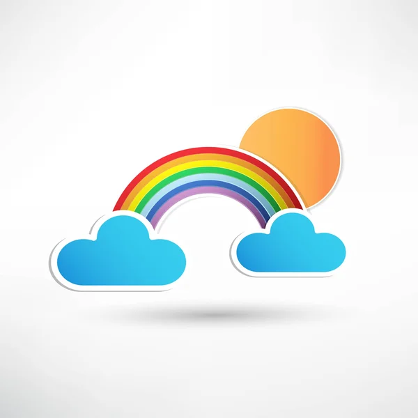Arco iris y nubes con el icono del sol — Vector de stock