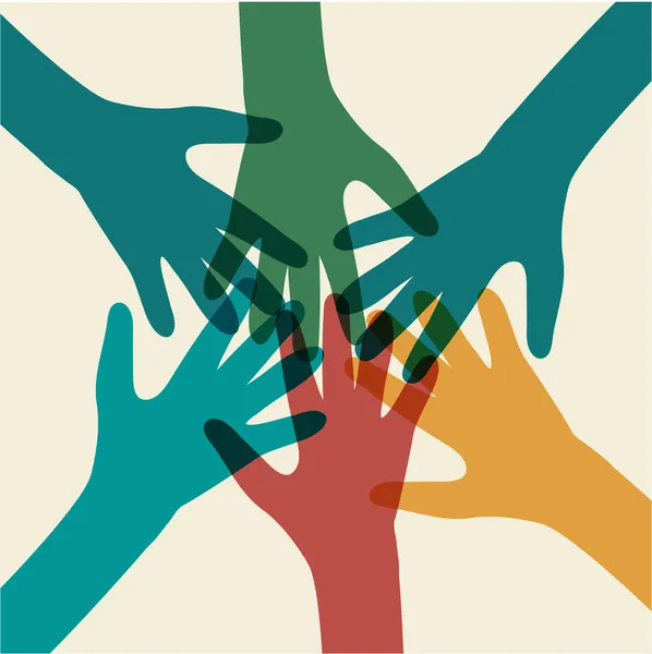 Symbole d'équipe. Mains multicolores — Image vectorielle