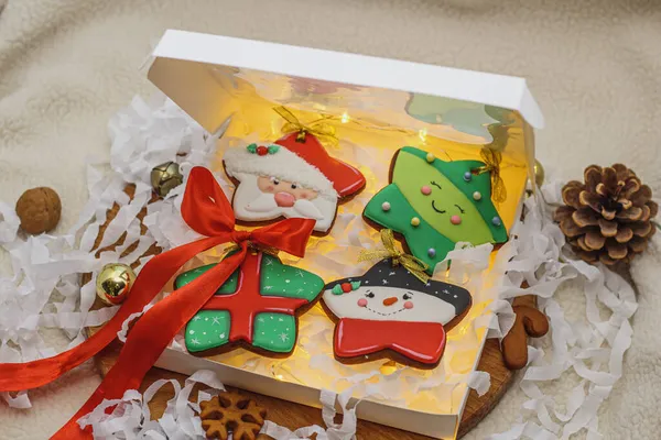 Christmas Composition Handmade Gingerbread Cookies Creative Dessert Glaze Pattern Homemade — Stock Photo, Image