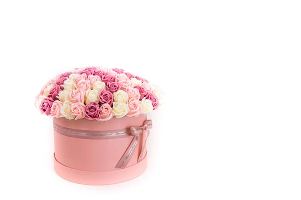 Pink Roses Isolated White Background Flowers Box Bow Gift Holiday — Stock Photo, Image