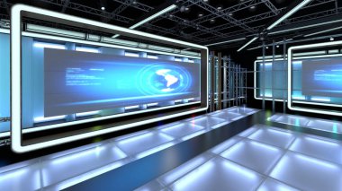 Sanal TV Stüdyosu. Yeşil ekran arka planı. 3D Rendering Sanal set stüdyosu kroma görüntüleri için. Nereye istersen, basit bir düzenek, birkaç metrekare alan ve Sanal Set ile.. 