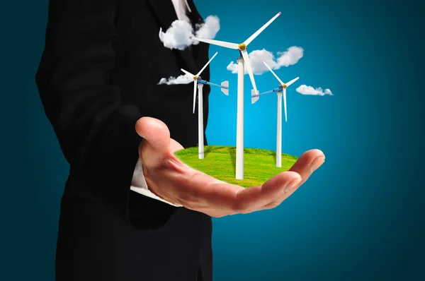 Hand of Business Man hold Turbine Power Generator — Stock Photo, Image