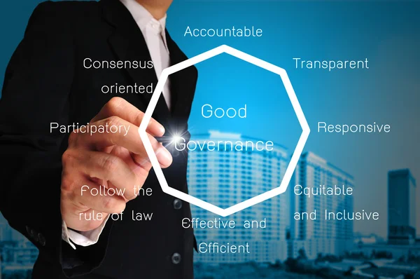 Hand of business man present chart or diagram of good governance — Stock Photo, Image