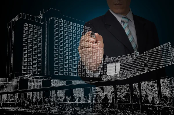 Business Man Drawing building and cityscape — Stock Photo, Image