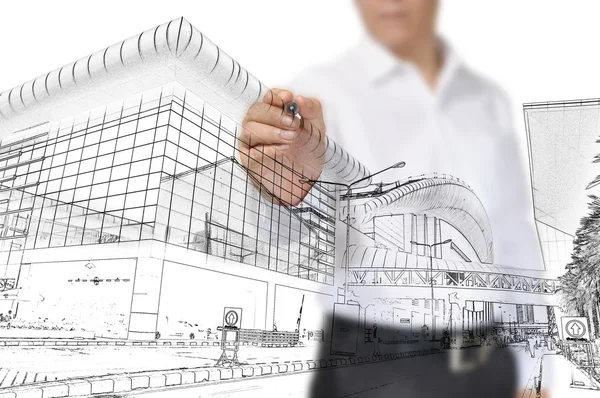 Business Man Drawing building and cityscape — Stock Photo, Image