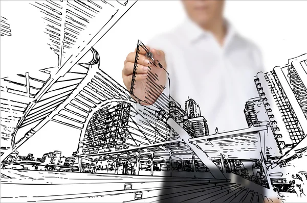 Business Man Drawing building and cityscape — Stock Photo, Image