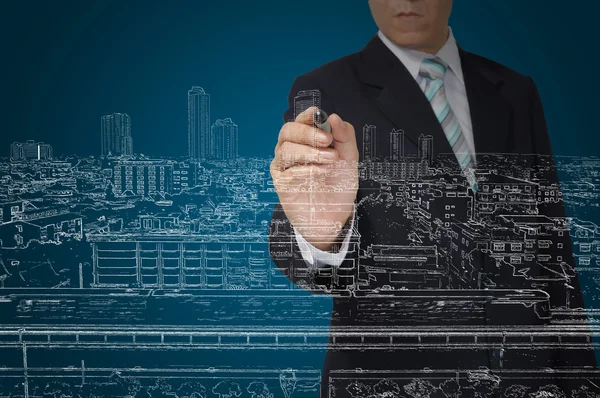 Business Man Drawing building and cityscape — Stock Photo, Image