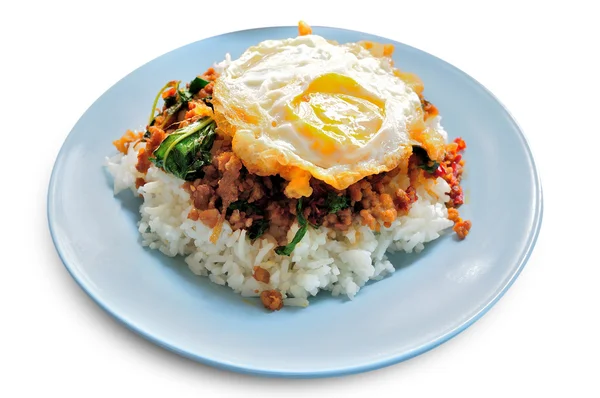 Mexa carne de porco picada frita e pimenta, manjericão servido com arroz cozido no vapor — Fotografia de Stock