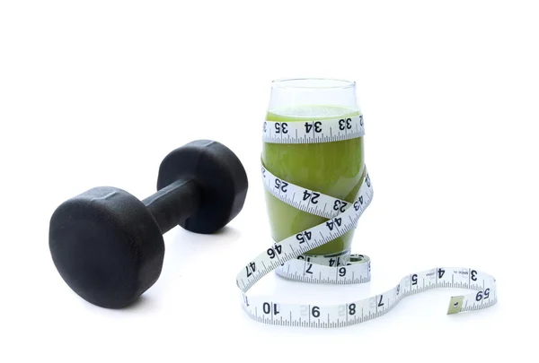 Dumbell and green smoothie — Stock Photo, Image