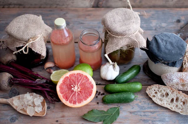 Productos Fermentados Lacto Incluidos Pepinos Remolacha Arrancadores Masa Madre Con — Foto de Stock