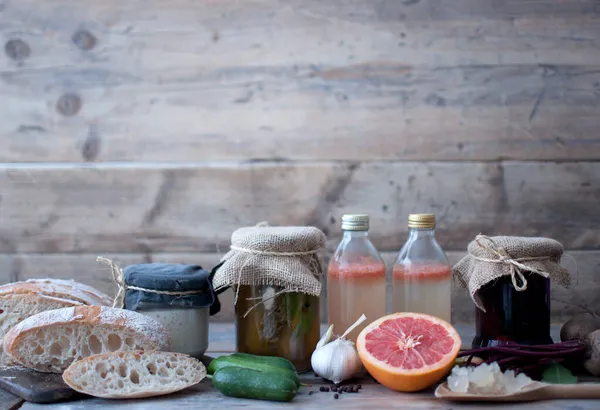 Rustic Kitchen Homemade Lacto Fermented Food Including Cucumbers Beetroot Sourdough — Stock Photo, Image