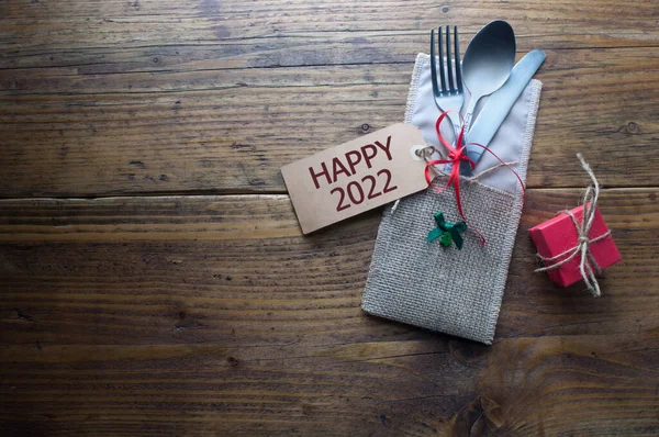 New Years Eve Meal Table Setting Greeting Card Attached Fork — Stock Photo, Image