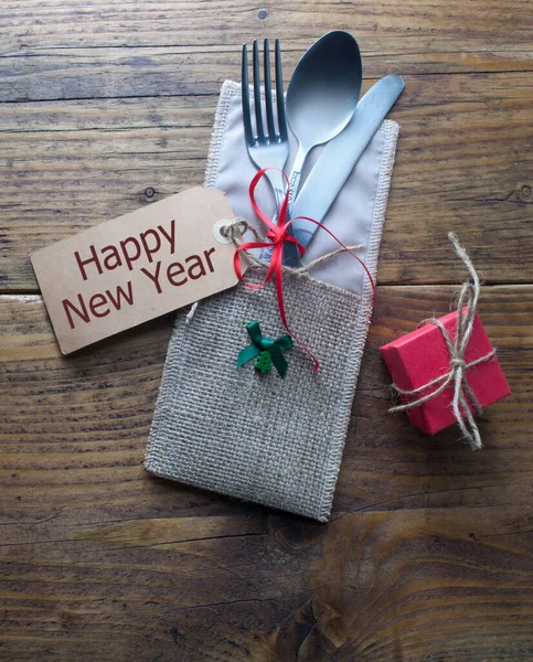 Año Nuevo Ajuste Mesa Comida Víspera Tarjeta Felicitación Adjunta Tenedor — Foto de Stock