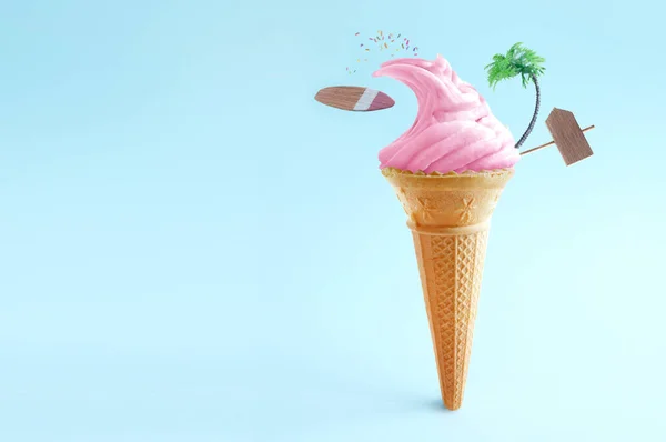 Strawberry Ice Cream Wave Surfboard Beach Sign Palm Tree — Stock Photo, Image