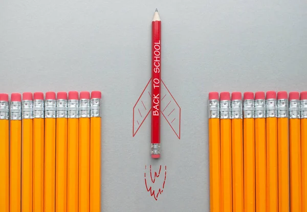 Back School Red Pencil Rocket Sketch Standing Out Amongst Row — Stock fotografie