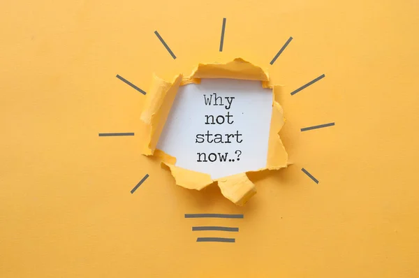 Why Start Now Revealed Torn Paper Light Bulb Sketch Motivation — 图库照片