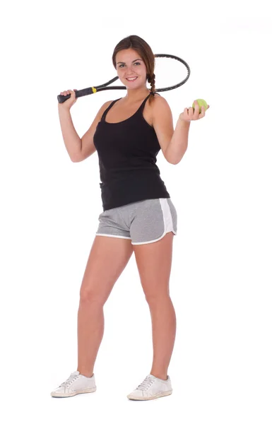 Žena s tenisovou raketu a míček — Stock fotografie