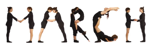 Black dressed people forming MARCH word over white — Stock Photo, Image