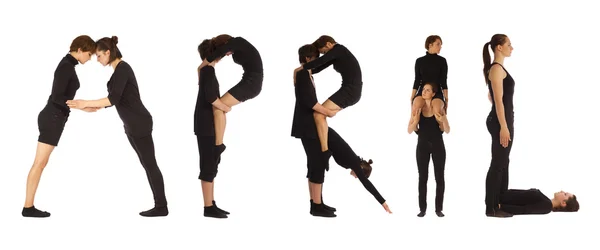 Gente vestida de negro formando ABRIL palabra sobre blanco — Foto de Stock