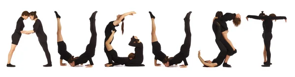 Black dressed people forming AUGUST word over white — Stock Photo, Image