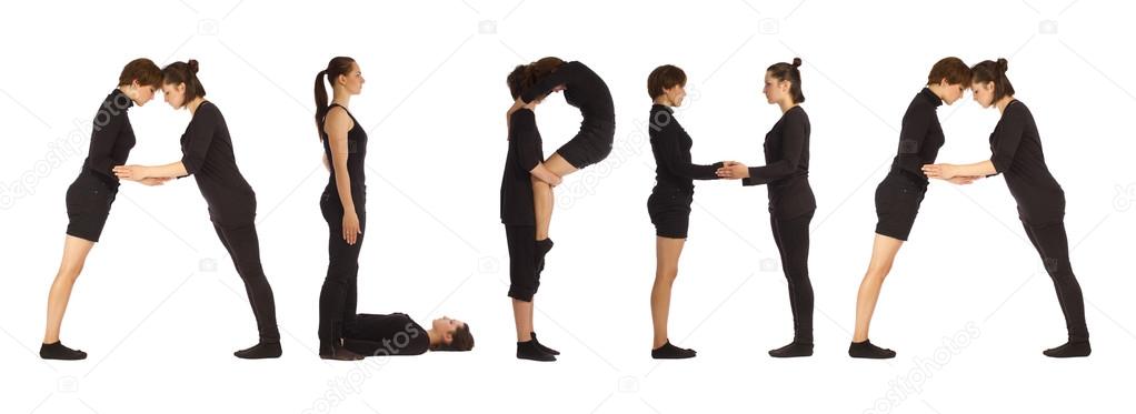 Black dressed people forming ALPHA word over white