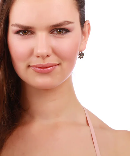 Närbild porträtt av en vacker ung kvinna med brunt långt hår — Stockfoto