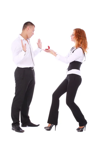 A young girl proposing to a man with ring. — Stock Photo, Image