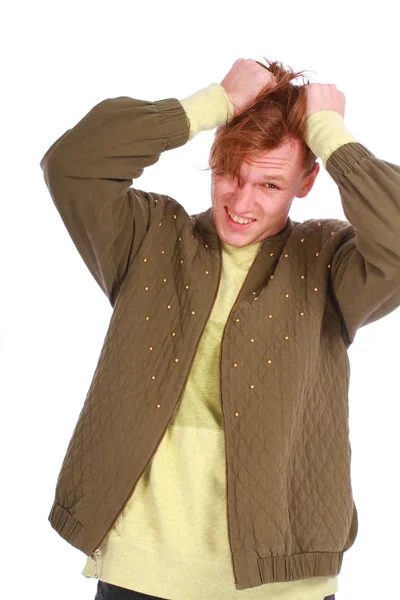 Stressed young guy tear his hair out, crazy face expression — Stock Photo, Image