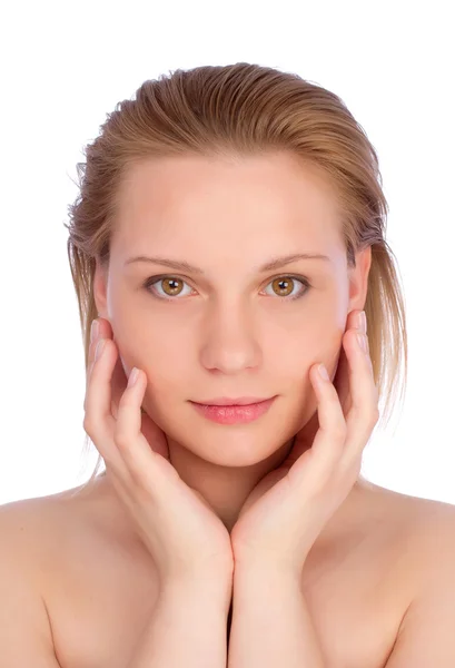 Bright shot of young attractive nude girl touching her face — Stock Photo, Image