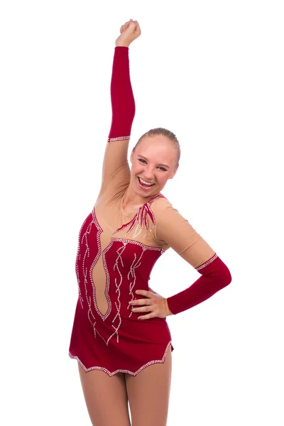 Hermosa chica feliz gimnasta ganadora con la mano sobre la cabeza —  Fotos de Stock