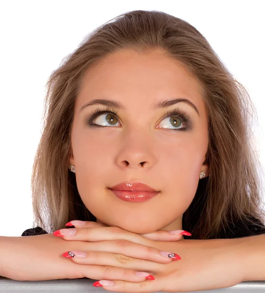 Close up portrait of a young pensive girl looking up — Stock Photo, Image