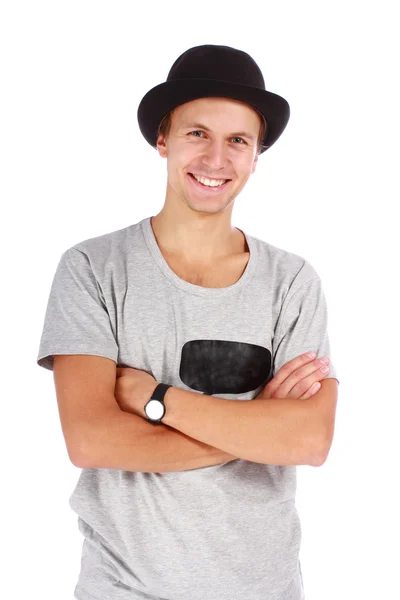 Young guy in a hat and casual t-shirt half length portrait — Stock Photo, Image