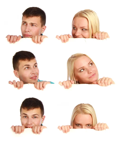 Collage on six photos - Young teenage girl and boy hiding behind a billboard — Stock Photo, Image