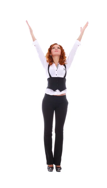 Изображение очень счастливой деловой женщины с поднятыми руками — стоковое фото