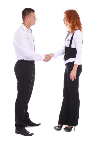 Pretty caucasian business woman shaking hands with a man. — Stock Photo, Image
