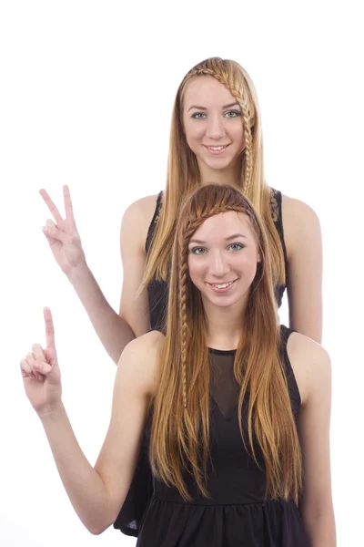 Duas meninas gêmeos irmãs em um fundo branco — Fotografia de Stock