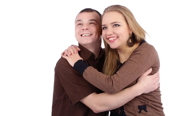 Milující pár objímat na bílém pozadí — Stock fotografie